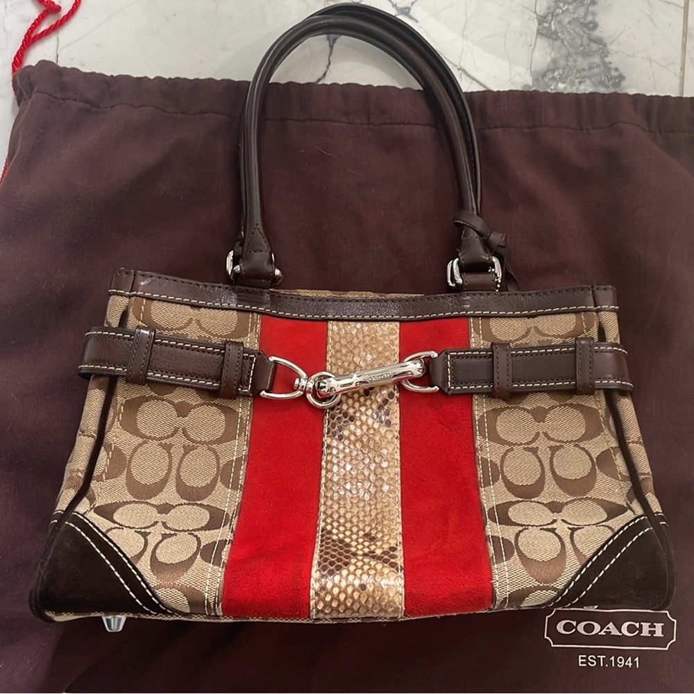 Vintage Coach Hampton brown & red leather, suede & python tote bag